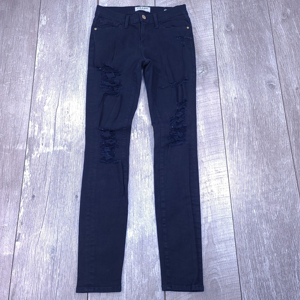 Frame Le Skinny de Jeanne Women 25 Blue Distressed Shredded Knee Denim Jeans